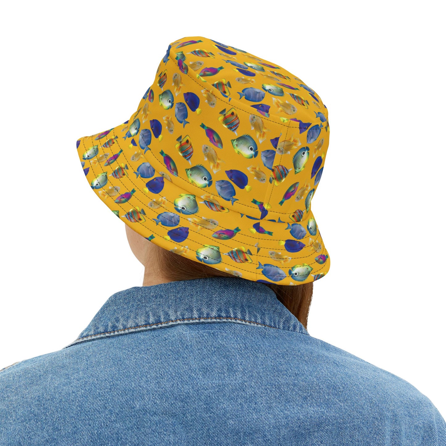 Tropical Polyester Bucket Hat, 2 Sizes - School of Fish / Yellow