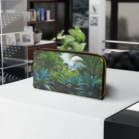 Tropical Zipper Wallet, Faux Leather / Vibrant Clutch / Scenic Beach Overlook