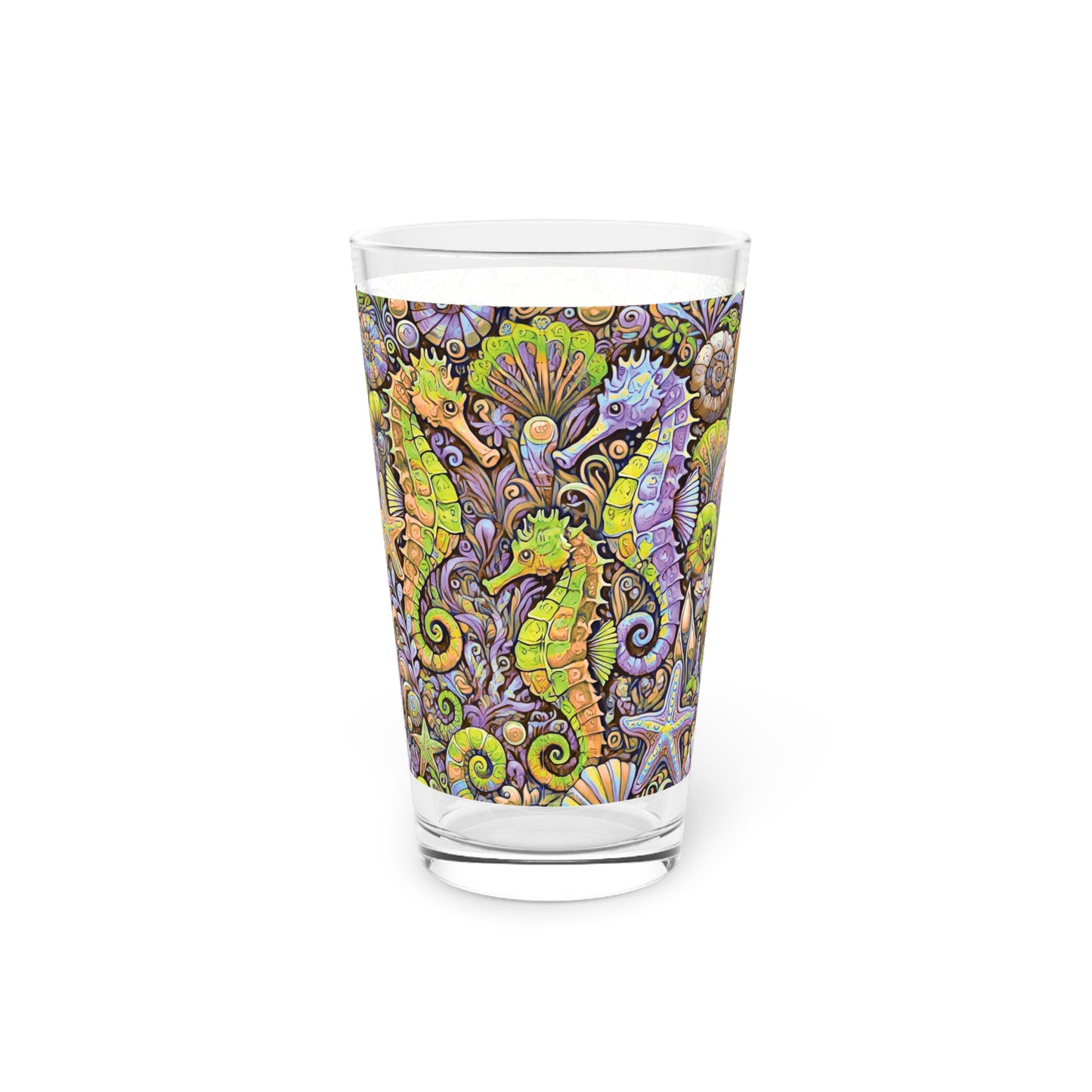 Pint Glass, 16oz - Seahorse Trio Yellow/Purple