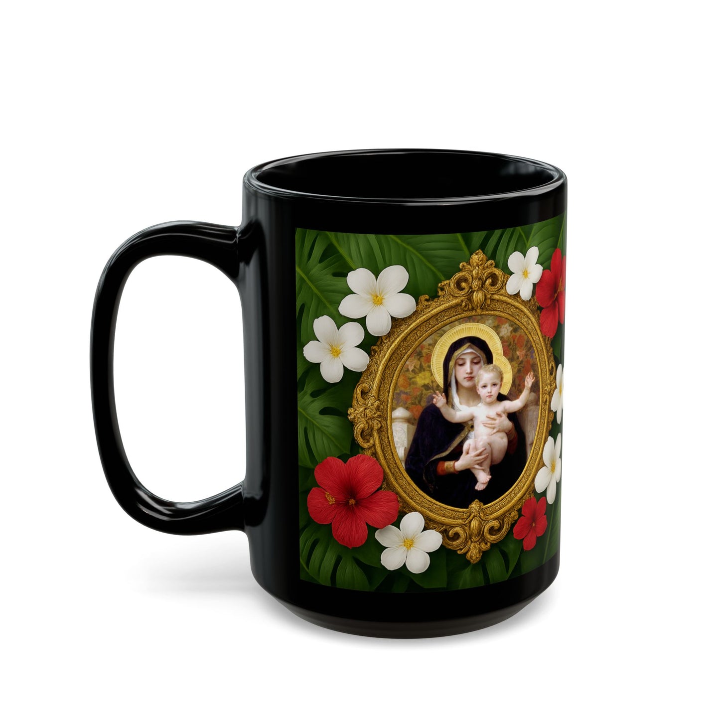 Religious Black Coffee Mug - Virgin of the Lilies