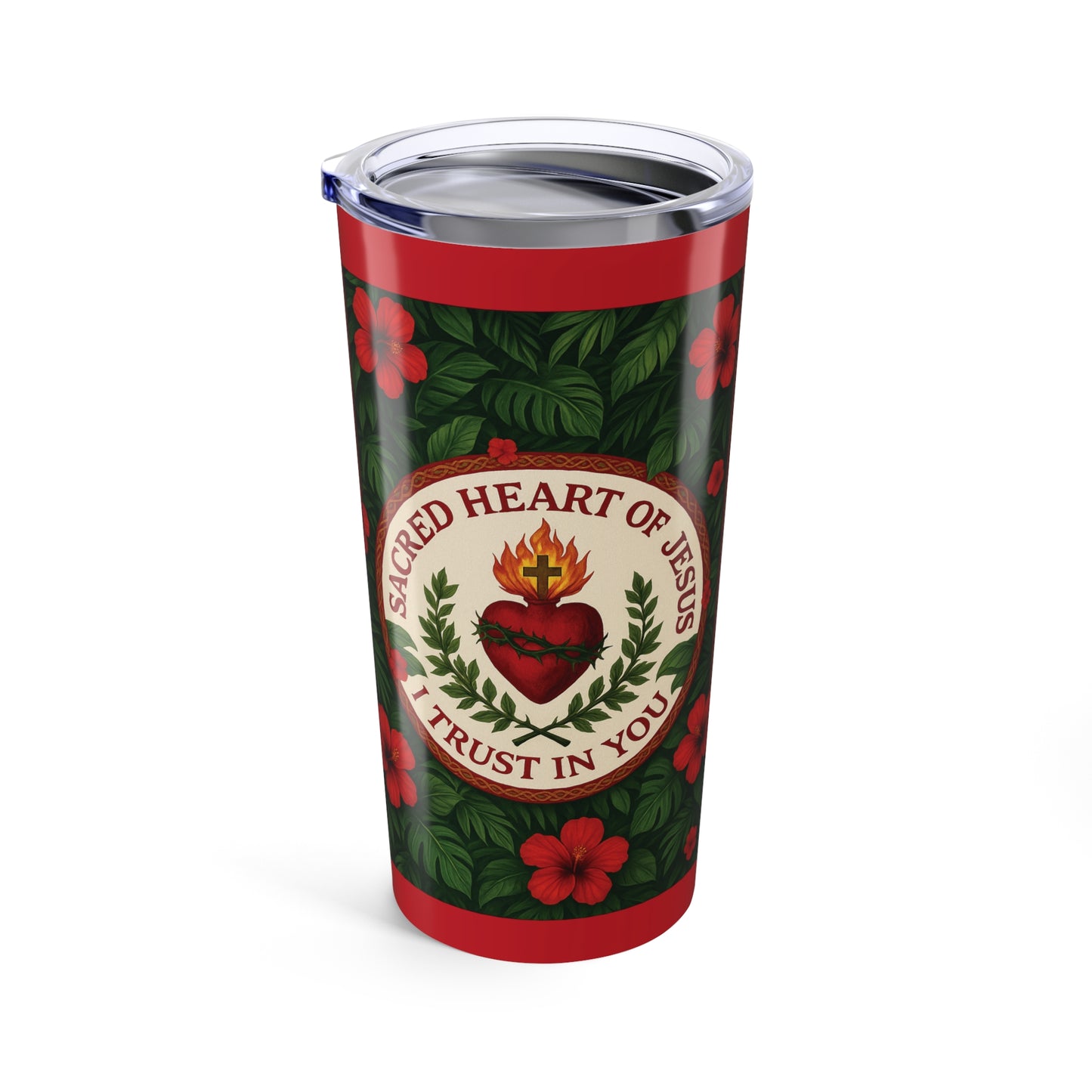 Religious 20oz Tropical Glossy Tumbler - Sacred Heart of Jesus Prayer, Dark Red