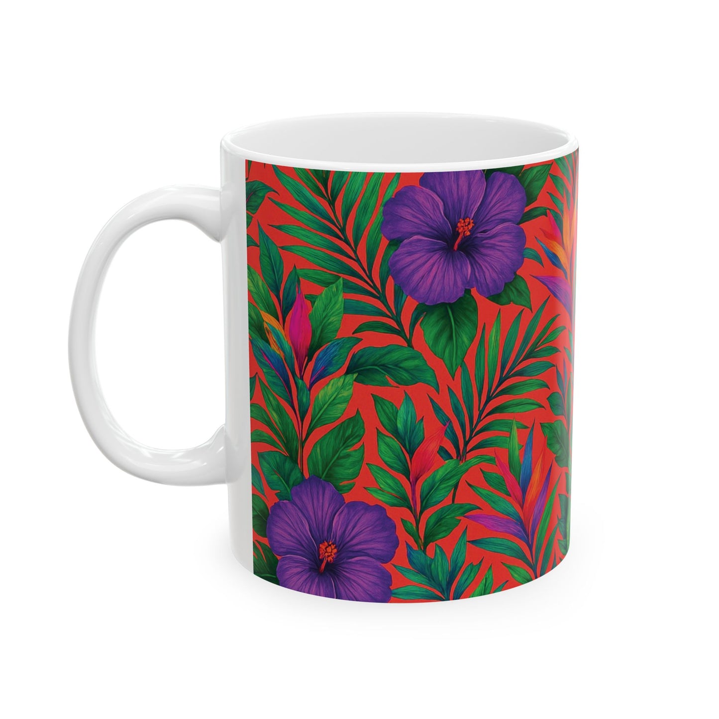 Ceramic White Mug - 11oz & 15oz, Midnight Flower Coral