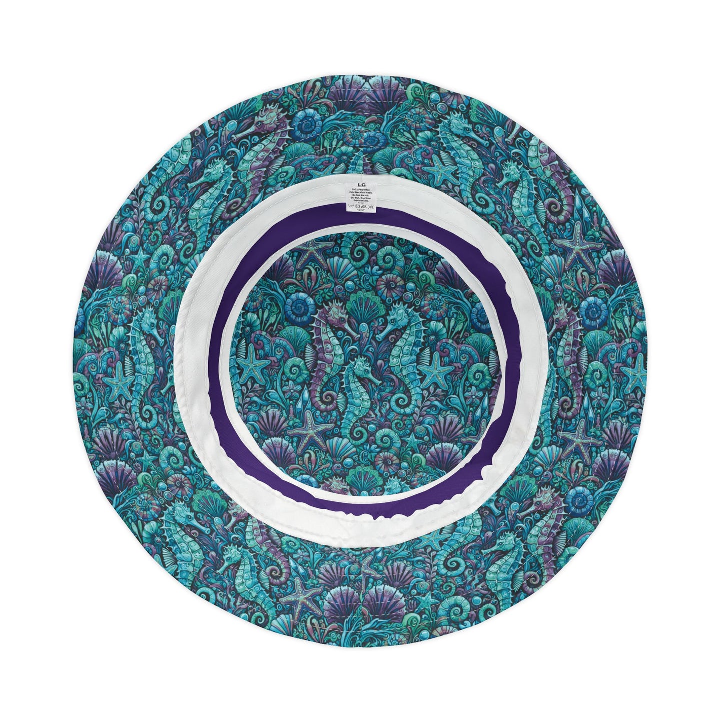 Tropical Polyester Bucket Hat, 2 Sizes - Seahorses Turquoise/Purple