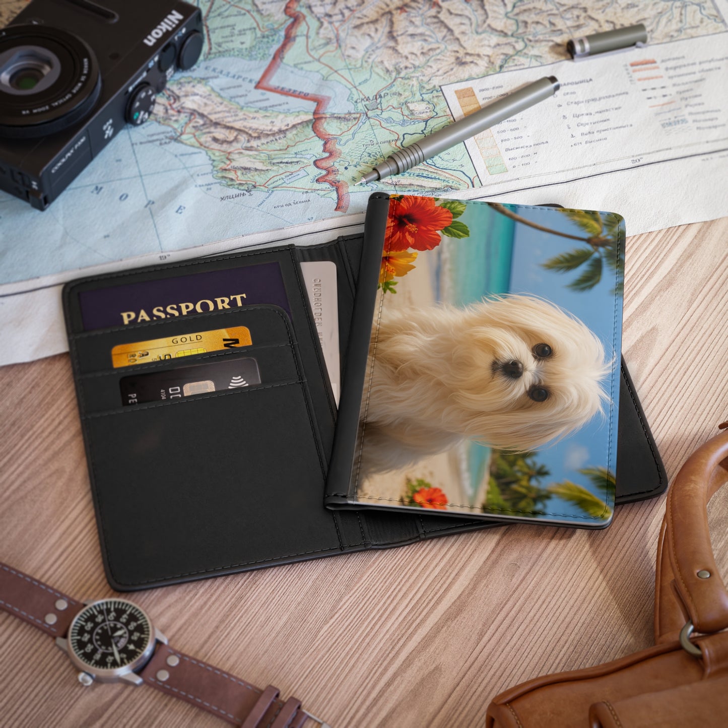 Tropical Passport Cover, Faux Leather - RFID blocking for travel security / Puppy Ariel on the Beach