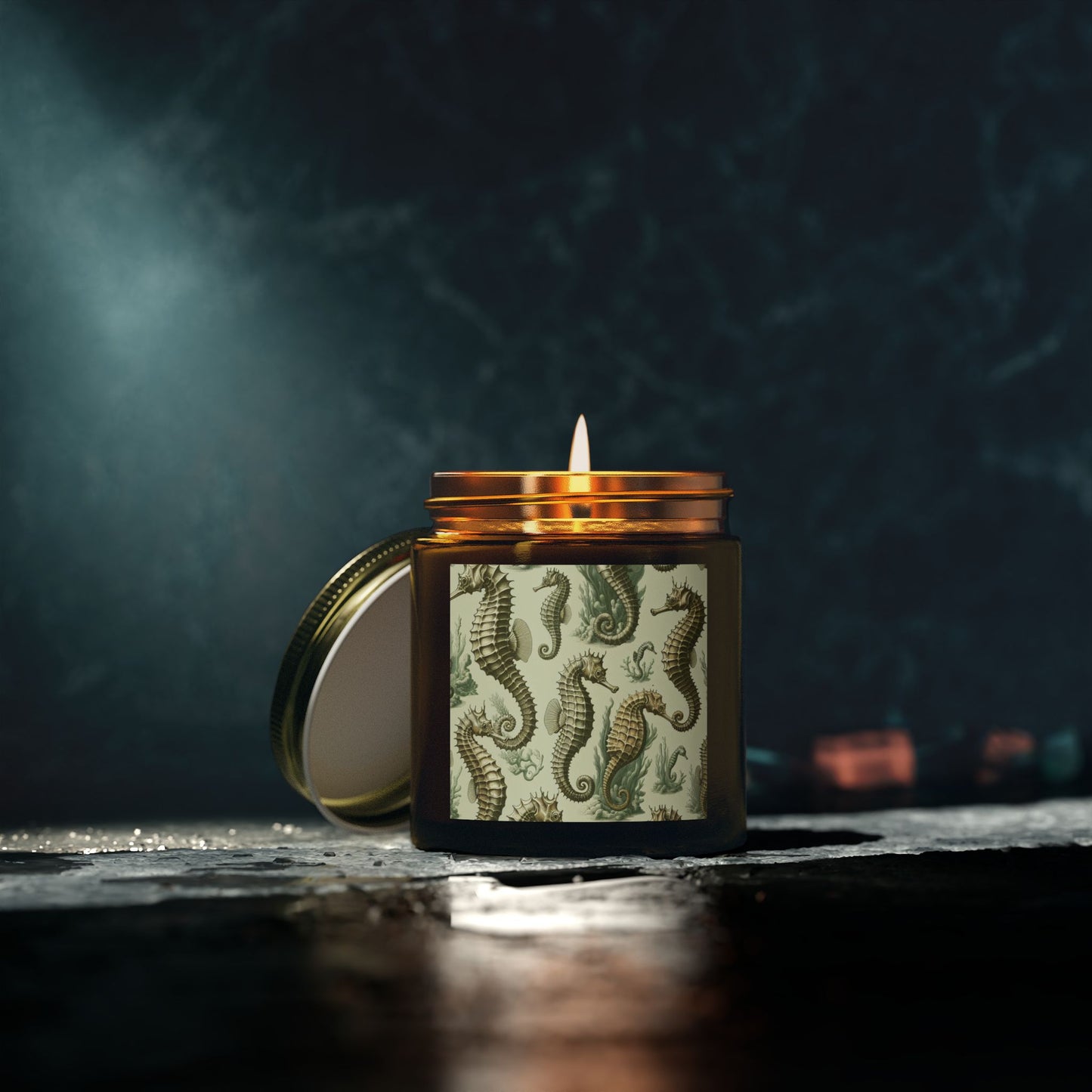Tropical Green Toile Seahorses Scented Candles - Coconut Apricot Wax (4oz, 9oz)