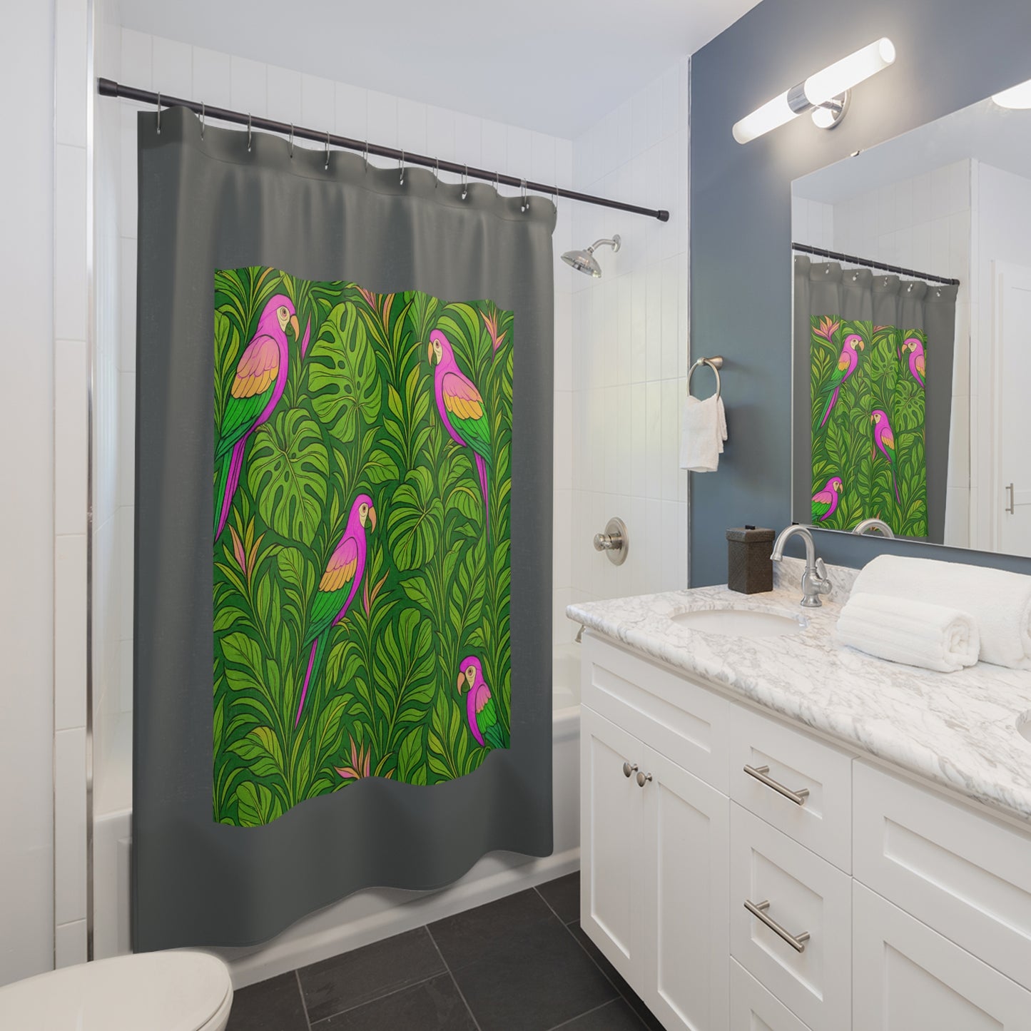 Tropical Shower Curtain - Ocean Bathroom Decor / Parrot Family/Pink, Dark Grey