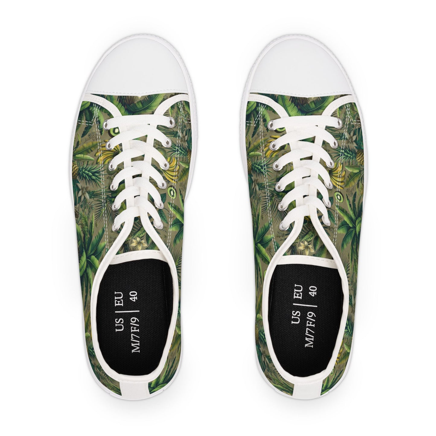 Stylish Women's Low Top Sneakers - Trendy Tropical Casual Footwear for Everyday Wear / Palms and Tropical Fruit/Taupe