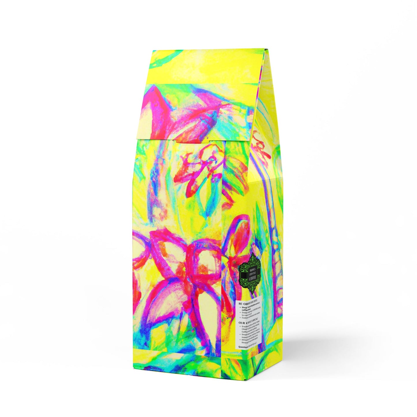 Black Coral Blend™ (Dark French Roast) Specialty Grade Craft Coffee / Tropical Doodles, Yellow