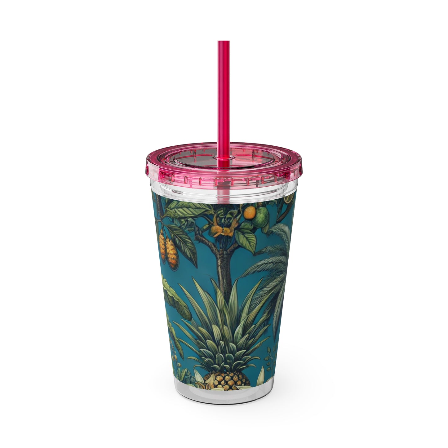 Tropical Tumbler with Straw | 16oz Colorful Travel Cup / Tropical Fruit Blue
