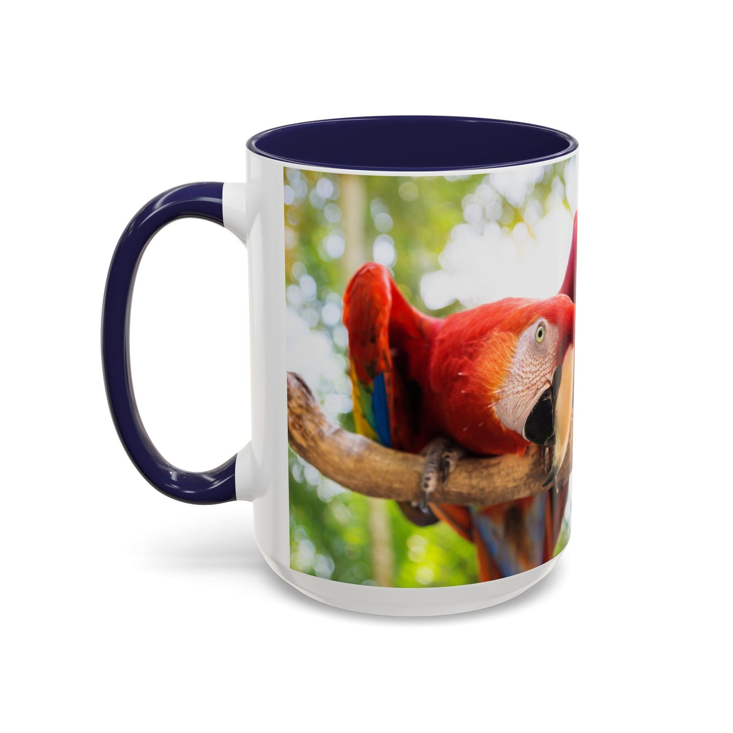 Accent Coffee Mug (11, 15oz), "I Run on Caffeine and Drama!" Parrot / Various Colors