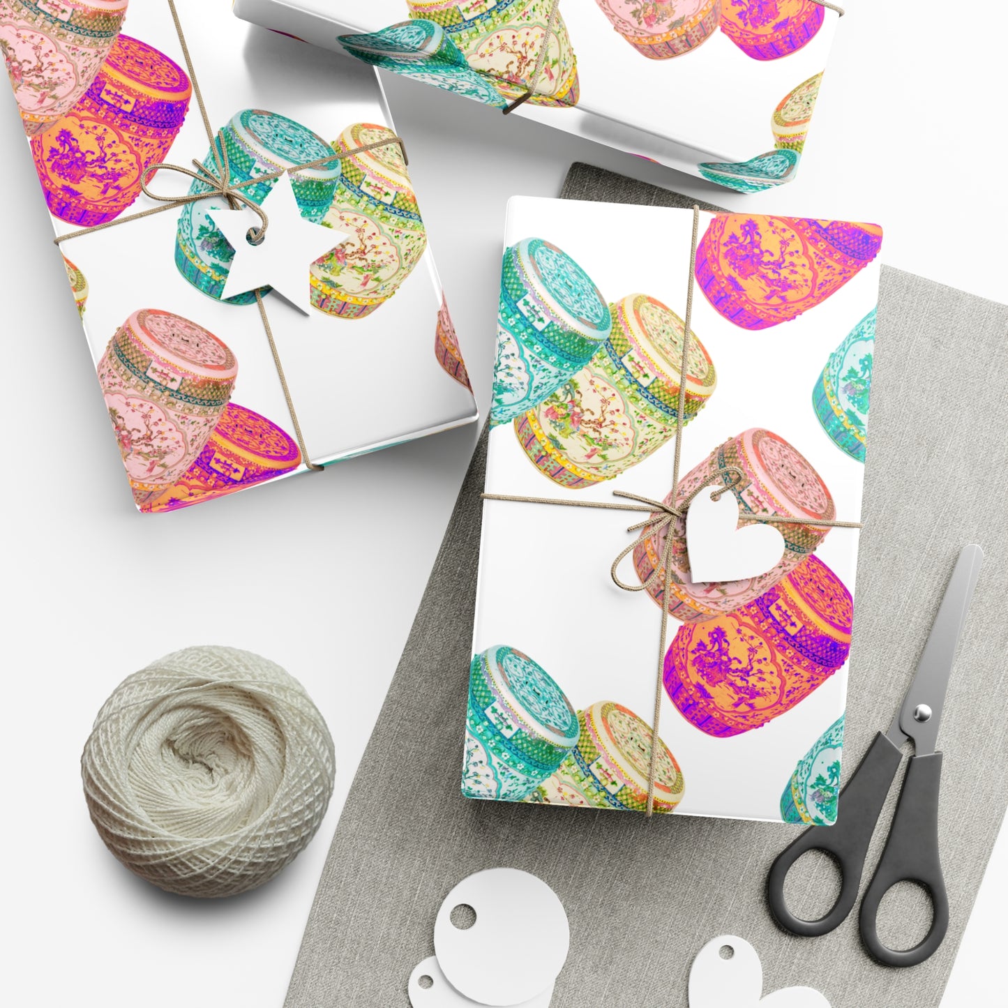 Wrapping Paper - Tropical Gift Wrap for All Occasions / 3 Sizes, 2 Finishes /Pop Art Porcelain Stools, White