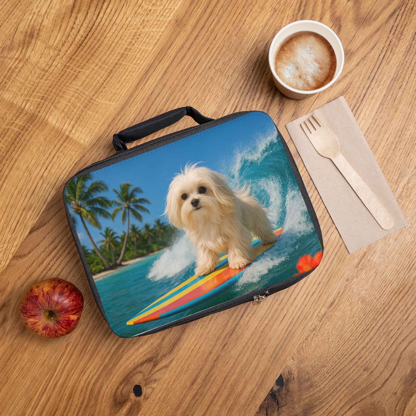 Puppy Ariel the Dog Surfer Lunch Bag - Eco-Friendly Insulated Tote, Adult and Child Lunchbox / Perfect for Picnics, Beach Outings