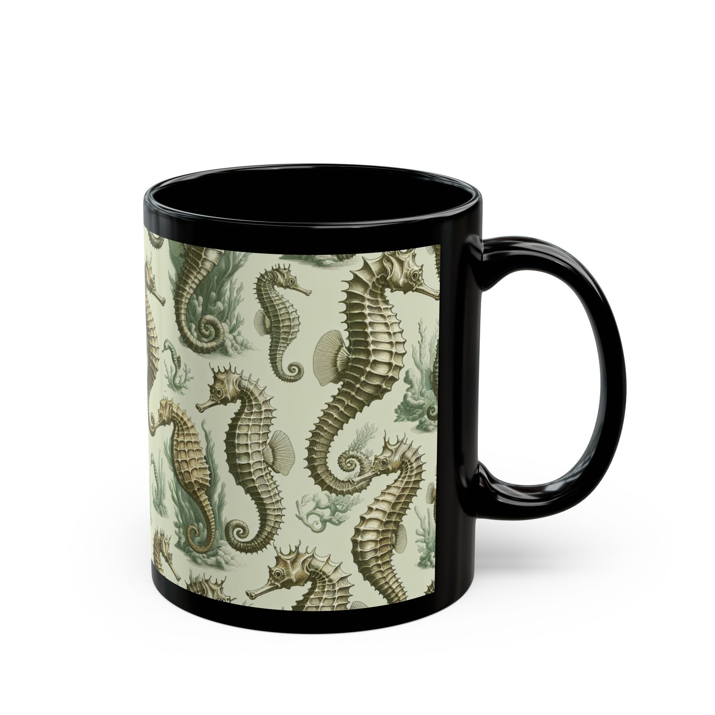 Black Coffee Mug - Green Toile Seahorses