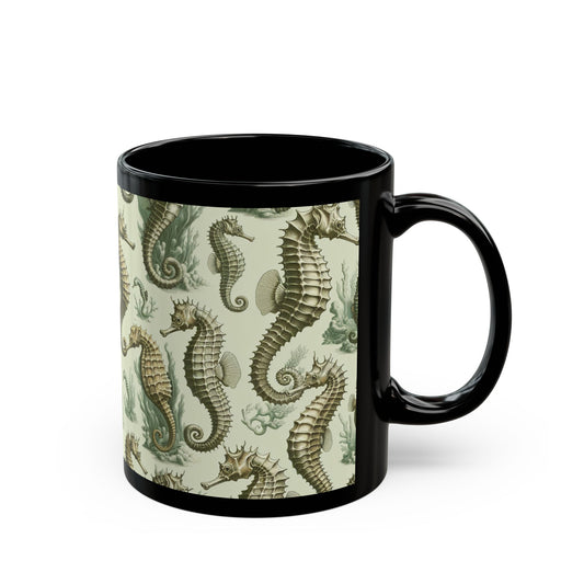 Black Coffee Mug - Green Toile Seahorses