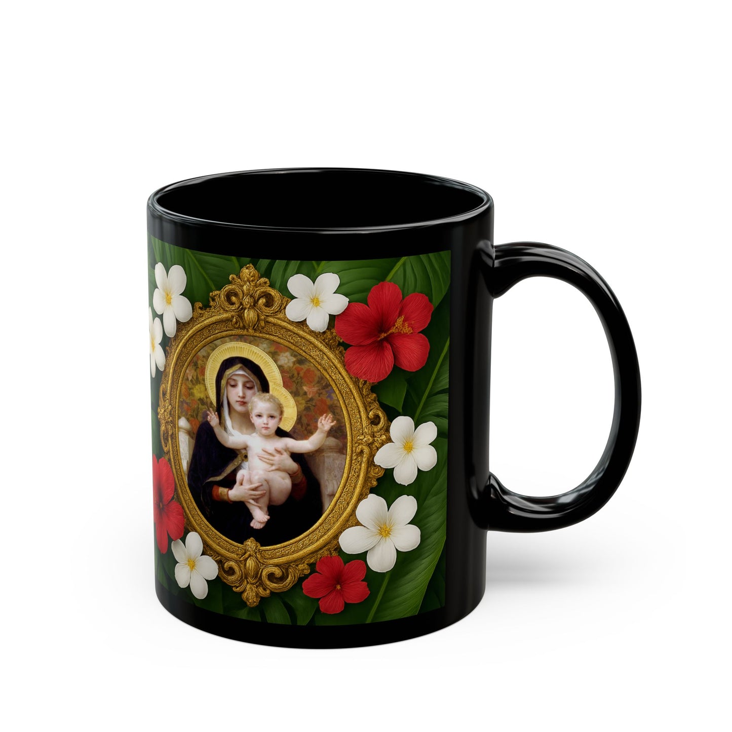 Religious Black Coffee Mug - Virgin of the Lilies