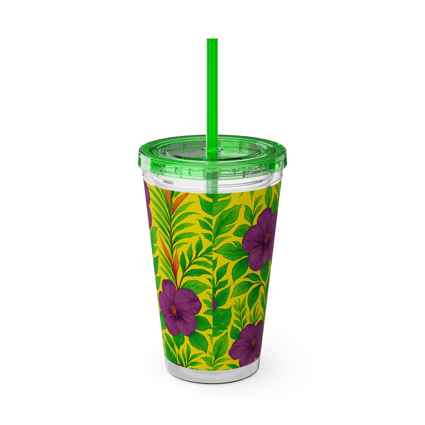 Tropical Tumbler with Straw | 16oz Colorful Travel Cup / Midnight Flower Yellow