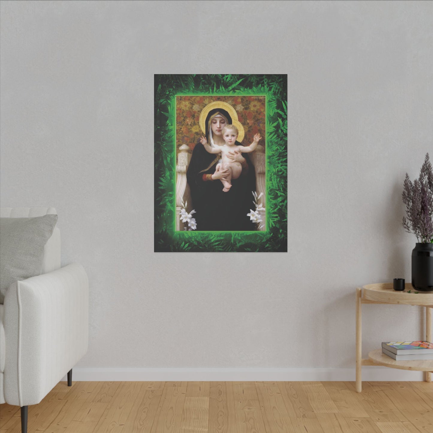 "Tropical Rainforest Madonna of Lilies" Religious Canvas Artwork - Stretched Canvas Print / Virgin Mary & Jesus