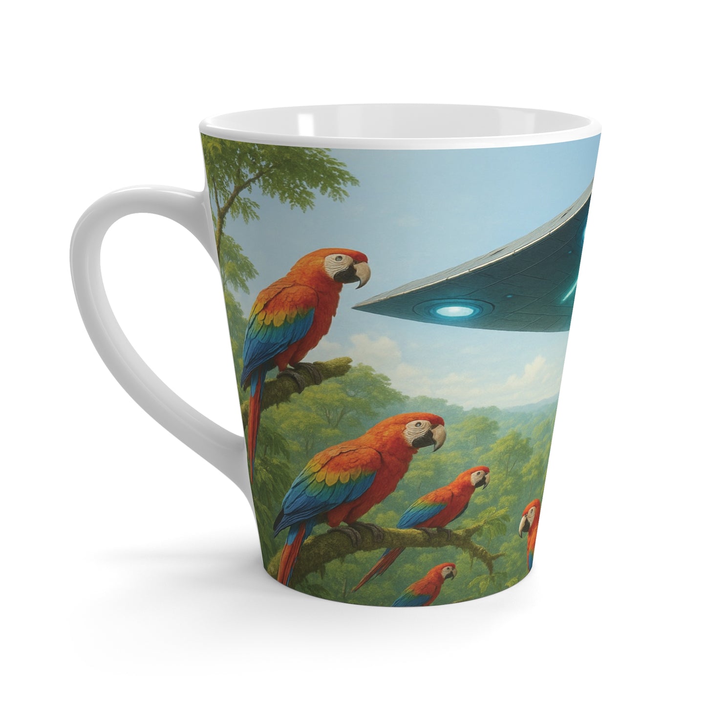 Latte White Mug - UFO and Macaws