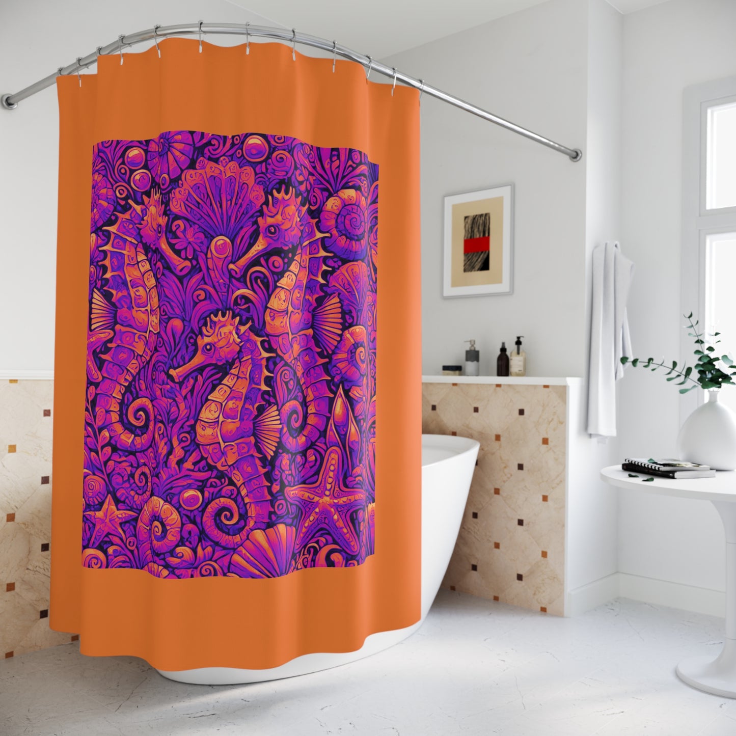Tropical Shower Curtain - Ocean Bathroom Decor / Seahorse Trio Heatwave/Crusta Orange