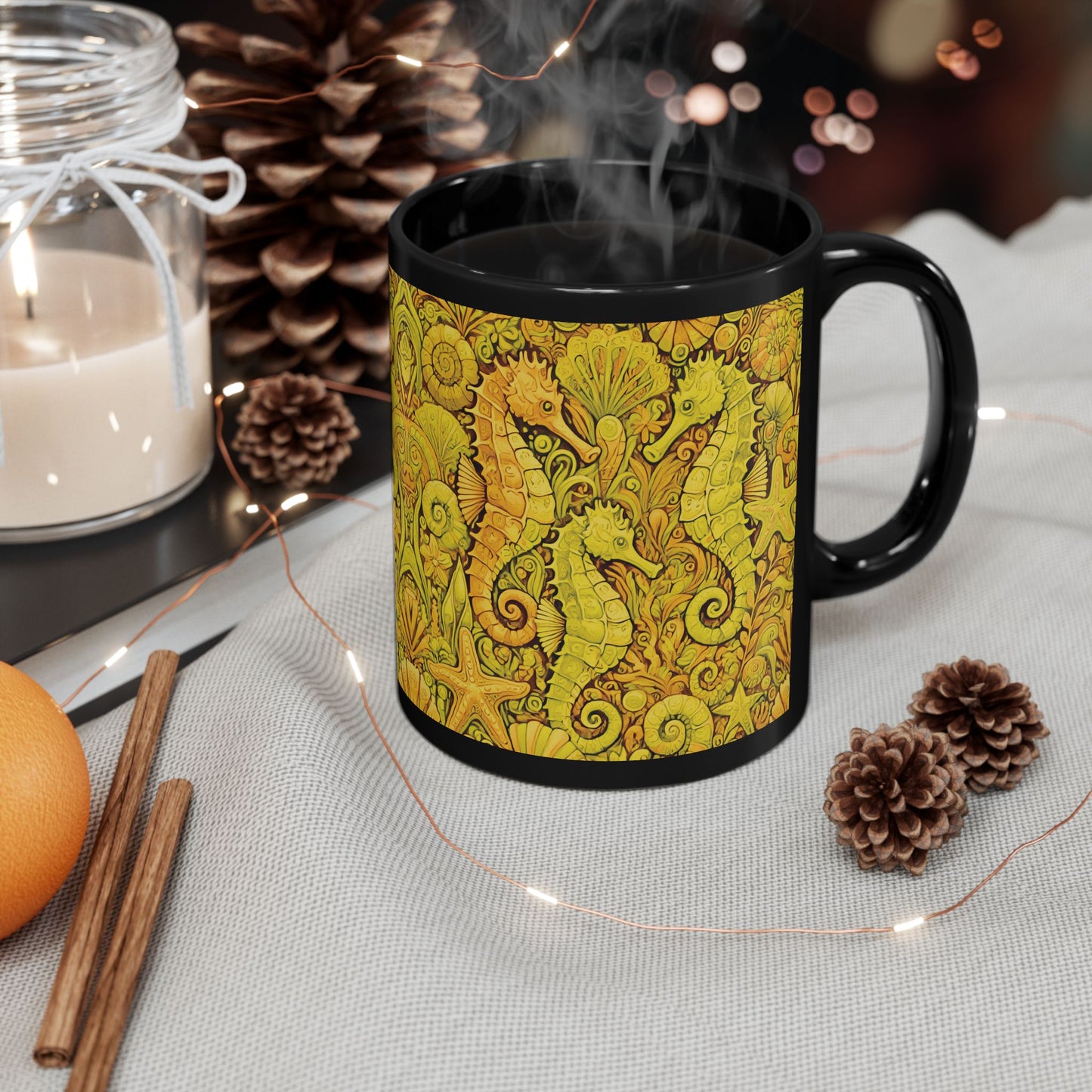 Black Coffee Mug - Seahorse Fantasy, Yellow