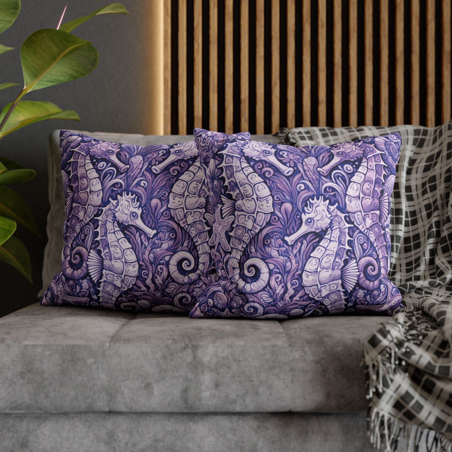 Faux Suede Square Pillowcase - Seahorse Trio, Amethyst