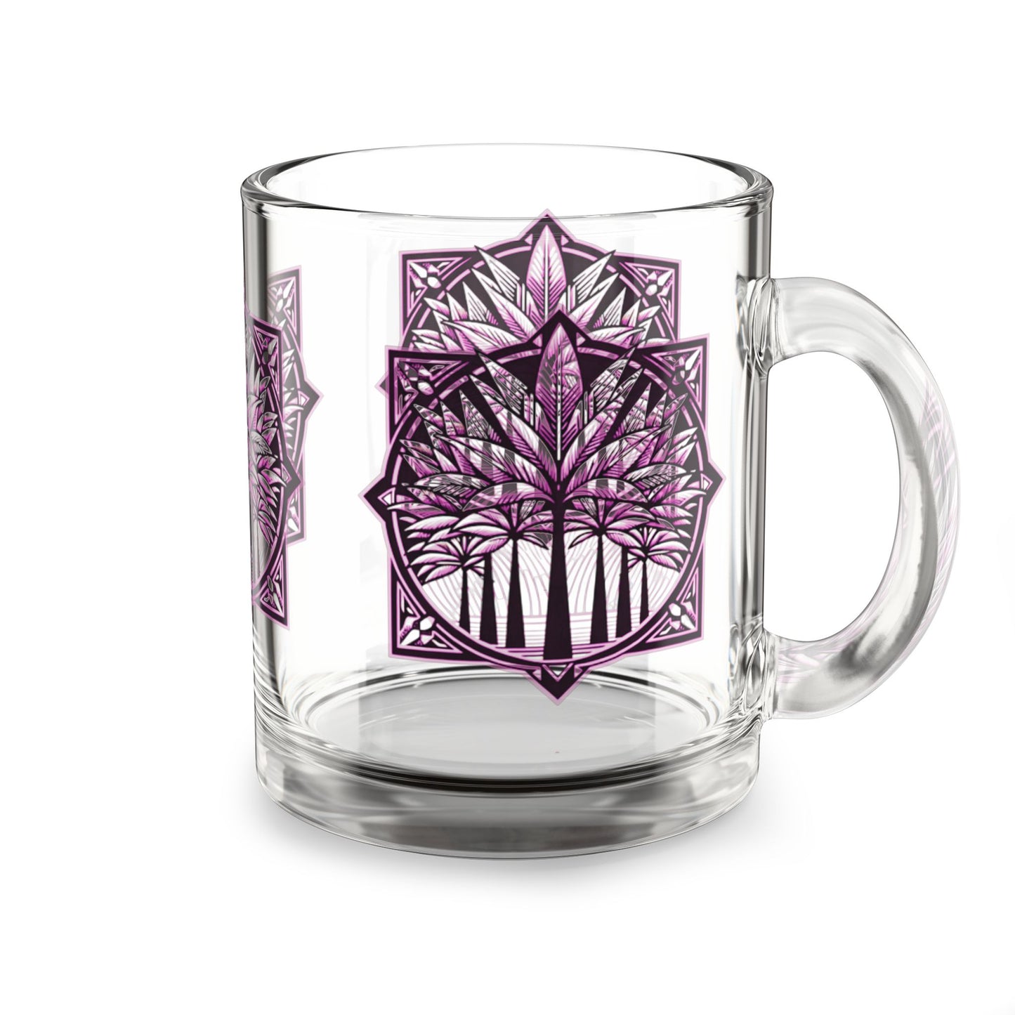 Tropical Glass Mug - 10oz Coffee Cup / Deco Palms, Pink