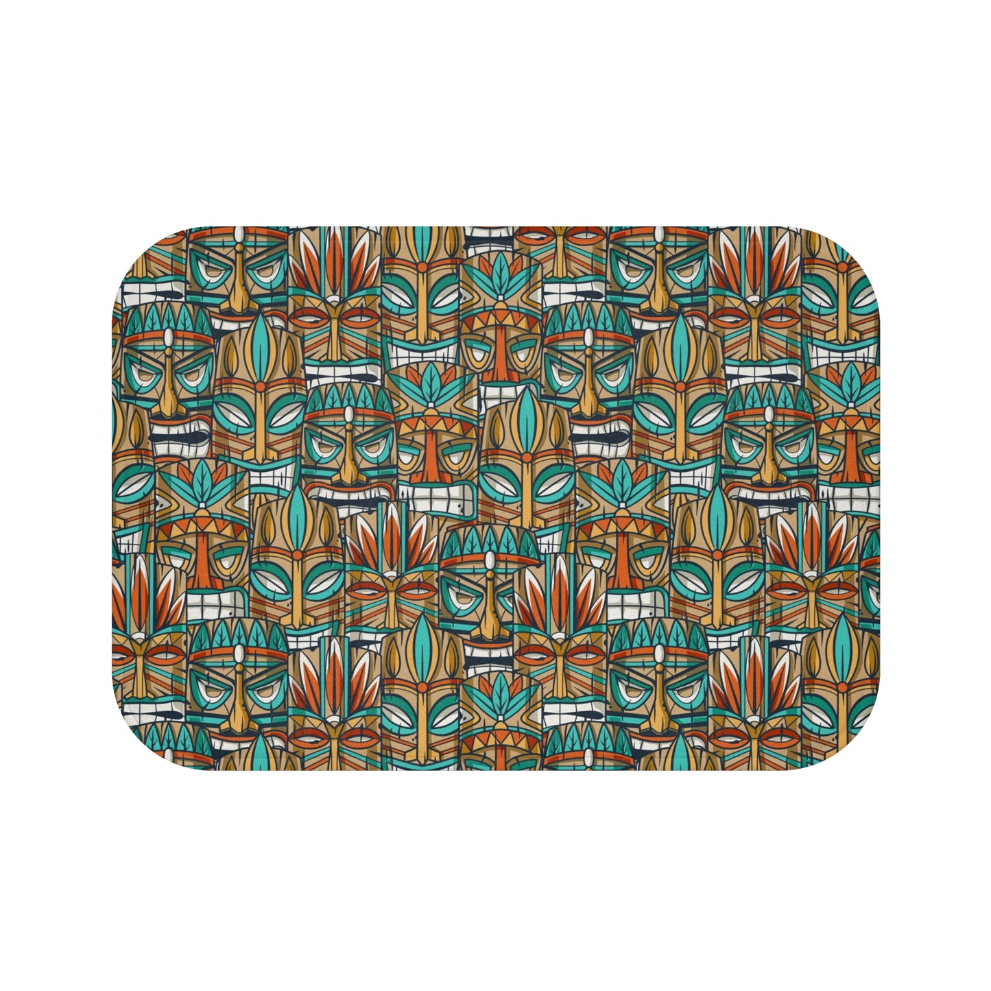 Tropical Print Bath Mat - Vibrant Mask Design for Relaxation & Home Decor / Turquoise Tiki Party