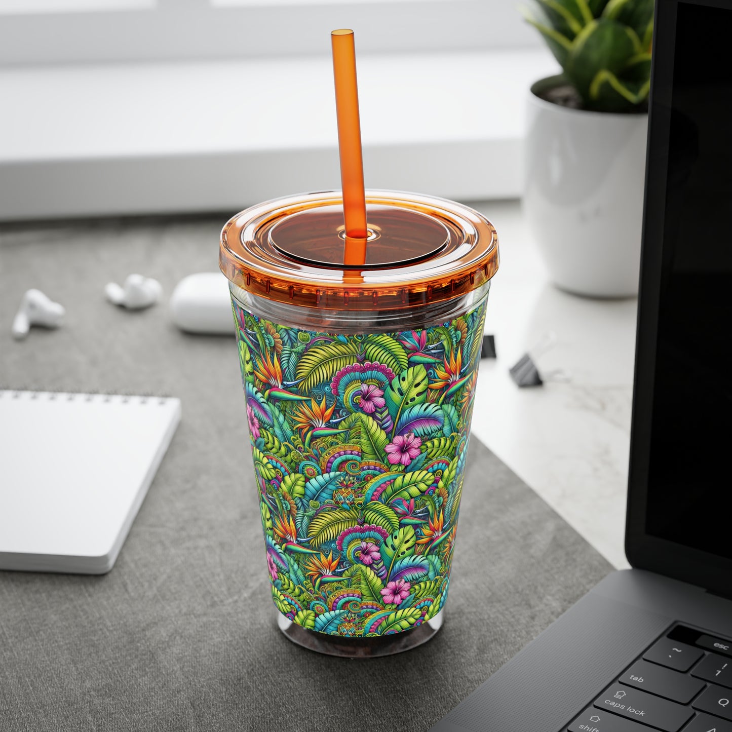 Tropical Tumbler with Straw | 16oz Colorful Travel Cup / Rainforest Blooms