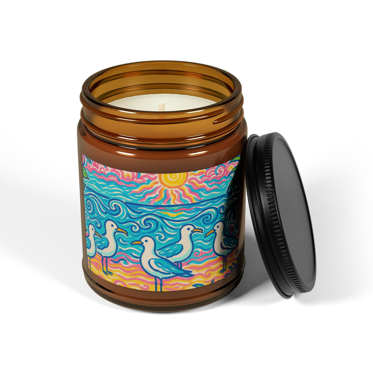 Soy Candle in Amber Jar - Multi-Size / Beach Seagulls