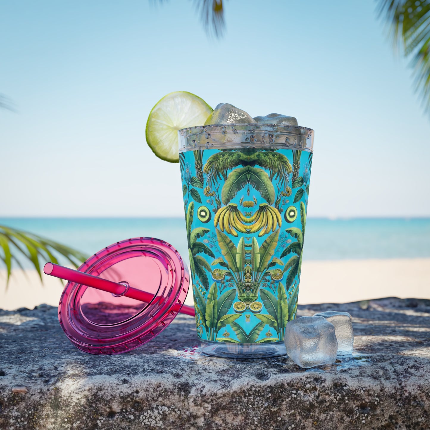 Tropical Tumbler with Straw | 16oz Colorful Travel Cup / More Tropical Fruit, Aqua Blue