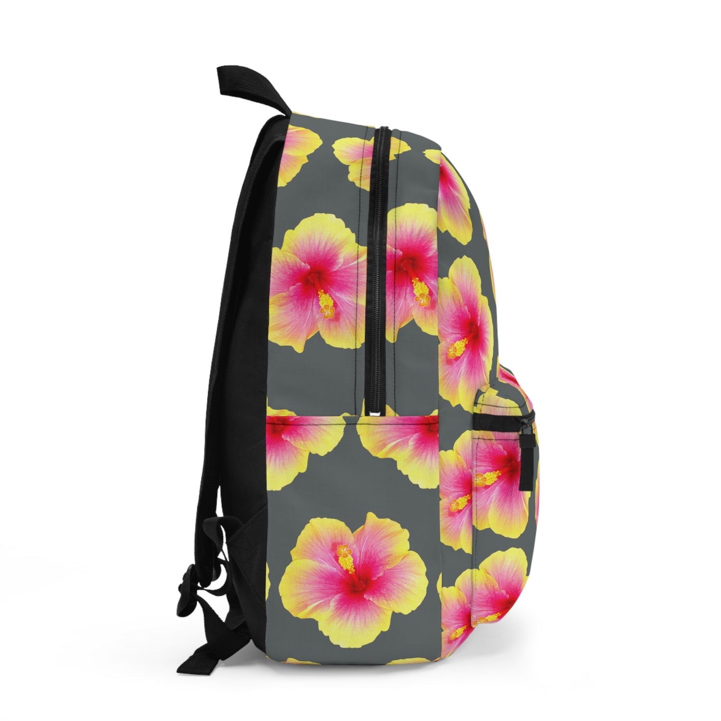 Tropical Backpack / Yellow & Pink Hibiscus Flower/Dark Grey