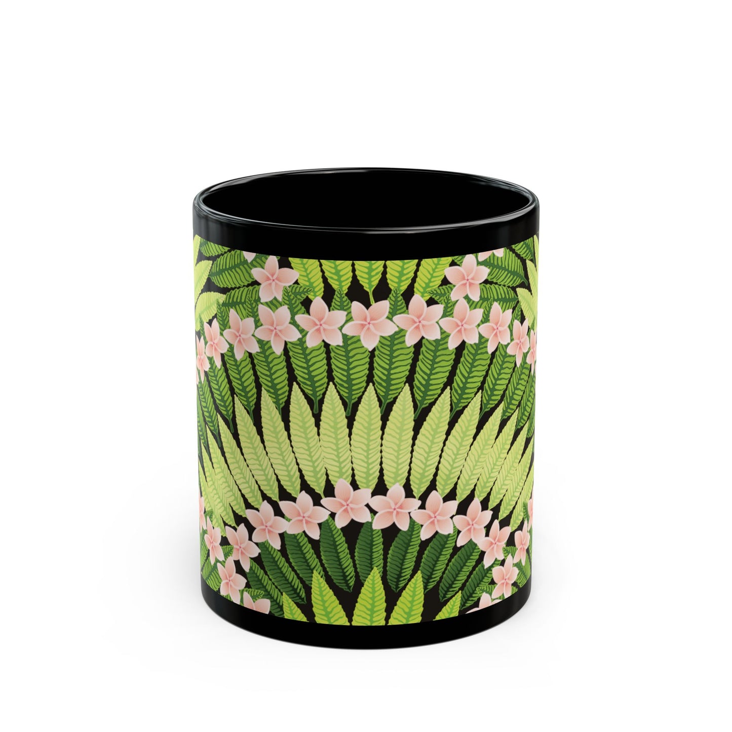 Black Mug (11oz, 15oz), Plumeria and Palms, Lime