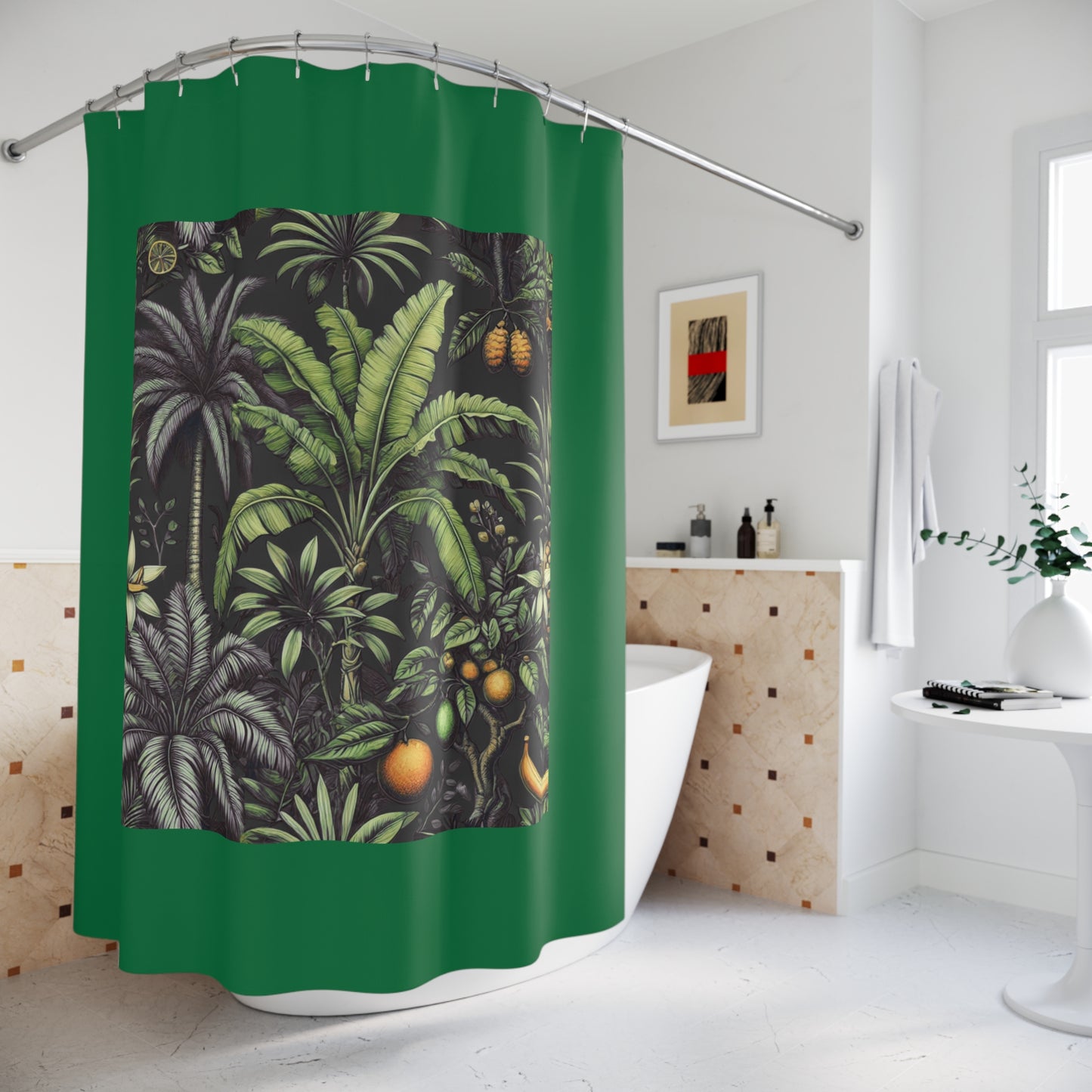 Palm Tree Shower Curtain - Ocean Bathroom Decor / Tropical Fruit, Dark Green