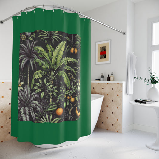 Palm Tree Shower Curtain - Ocean Bathroom Decor / Tropical Fruit, Dark Green