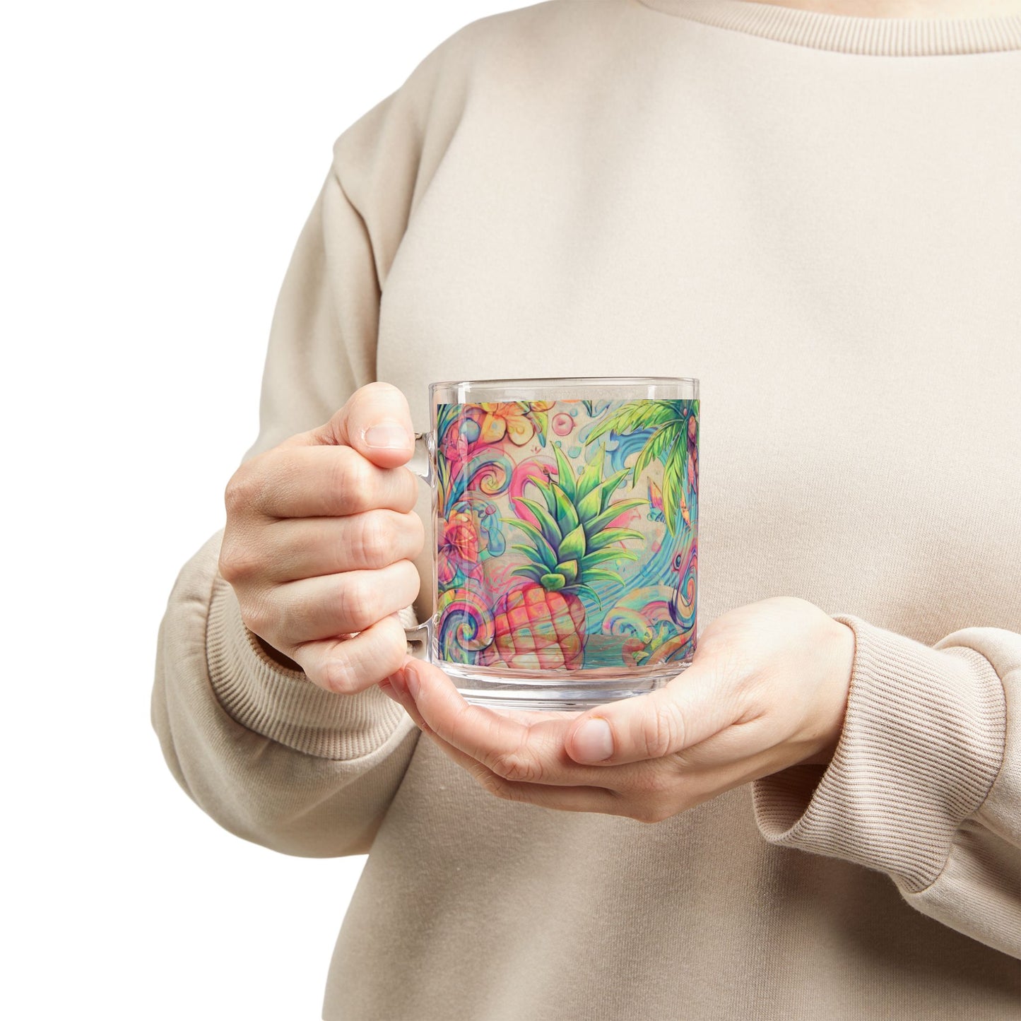 Tropical Glass Mug - 10oz Coffee Cup / Flamingo Waves