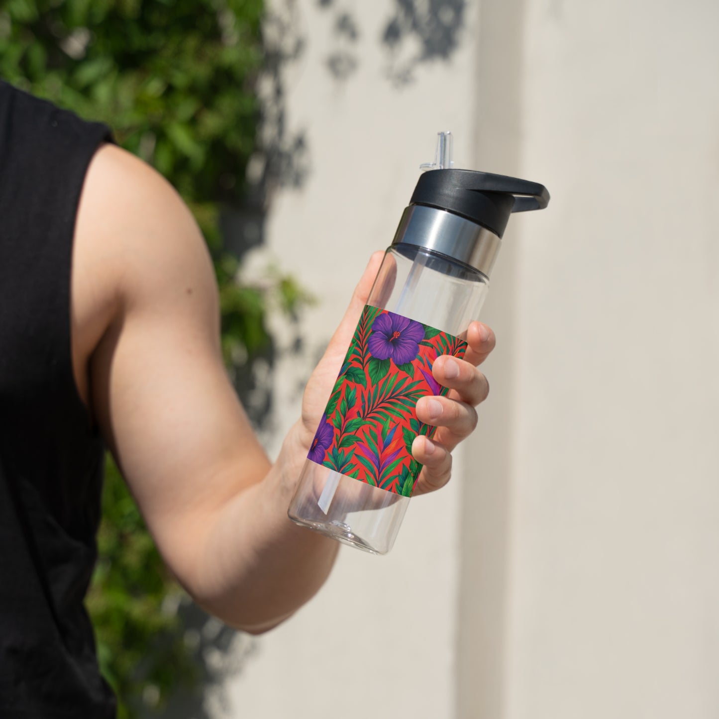 Tropical 20oz Tritan Sport Water Bottle -  Leakproof, Lightweight, BPA-Free / Midnight Flower Coral
