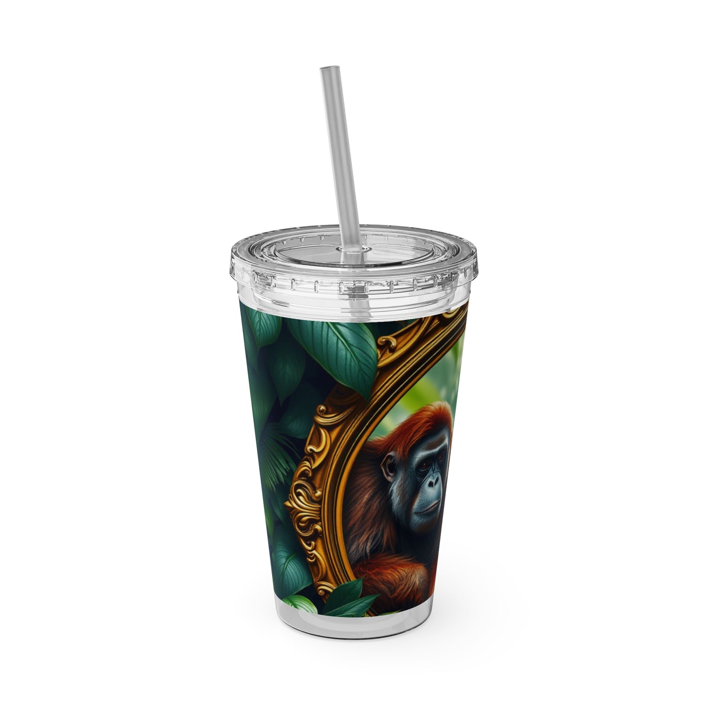 Tropical Tumbler with Straw | 16oz Colorful Travel Cup / Framed Orangutan Apes