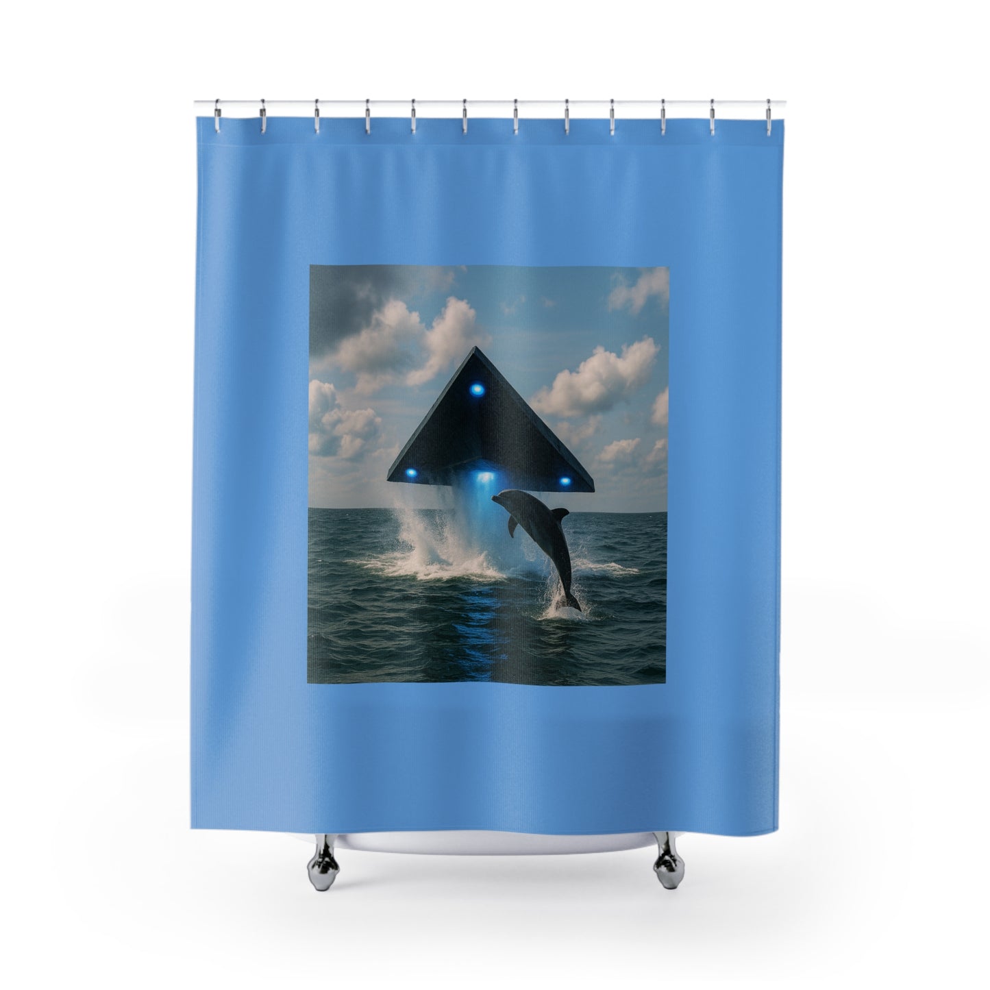 Tropical Shower Curtain - UFO and Dolphin, Lt. Blue / Ocean Decor