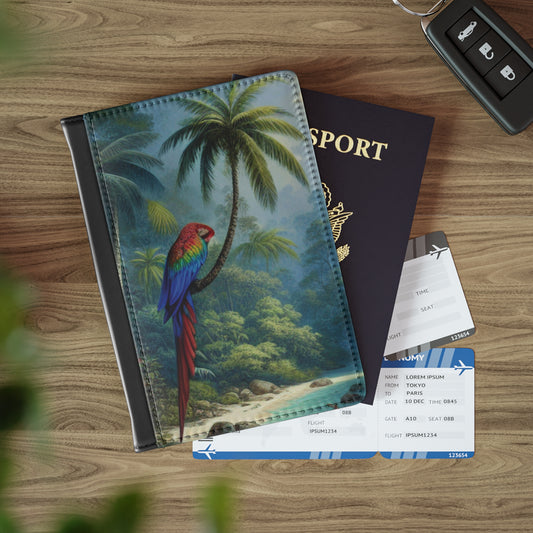 Tropical Passport Cover, Faux Leather - RFID blocking for travel security / Rainforest Sleeping Beauty Parrot