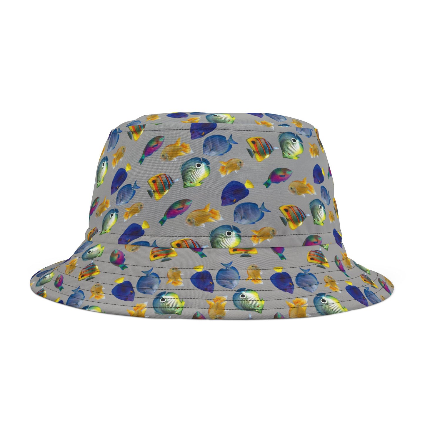 Tropical Polyester Bucket Hat, 2 Sizes - School of Fish / Light Grey