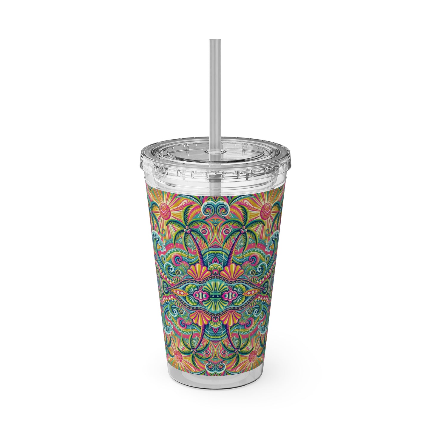 Tropical Tumbler with Straw | 16oz Colorful Travel Cup / Kaleido Bay