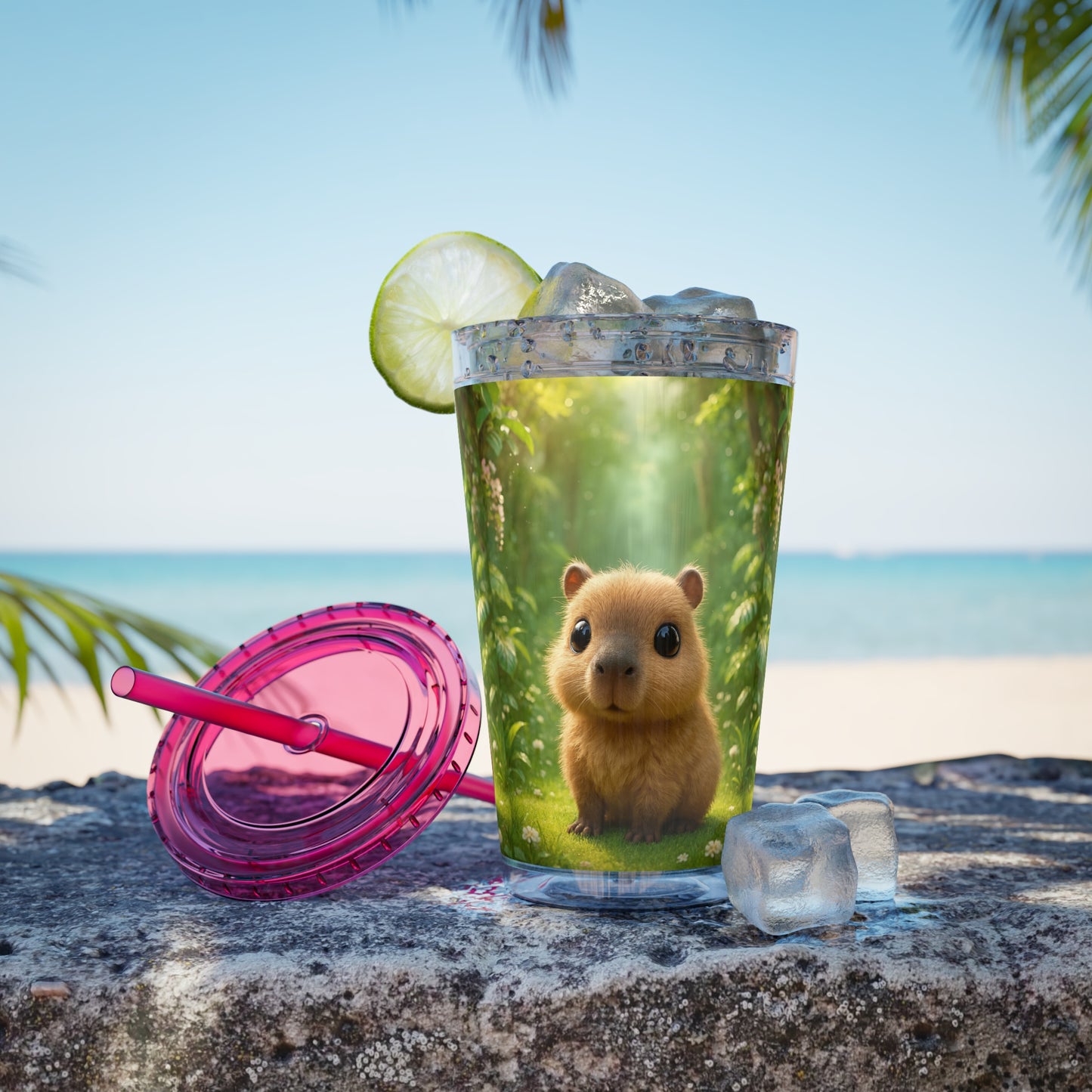 Tropical Tumbler with Straw | 16oz Colorful Travel Cup / Baby Cabybara