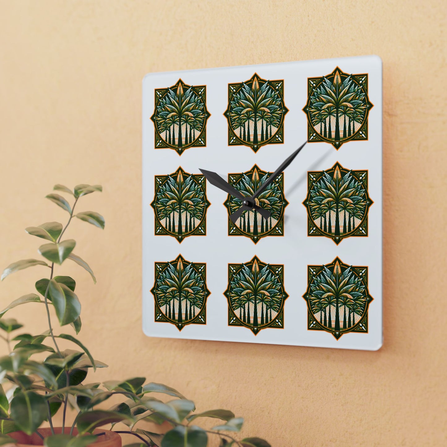 Acrylic Wall Clock, Deco Palms brown/green