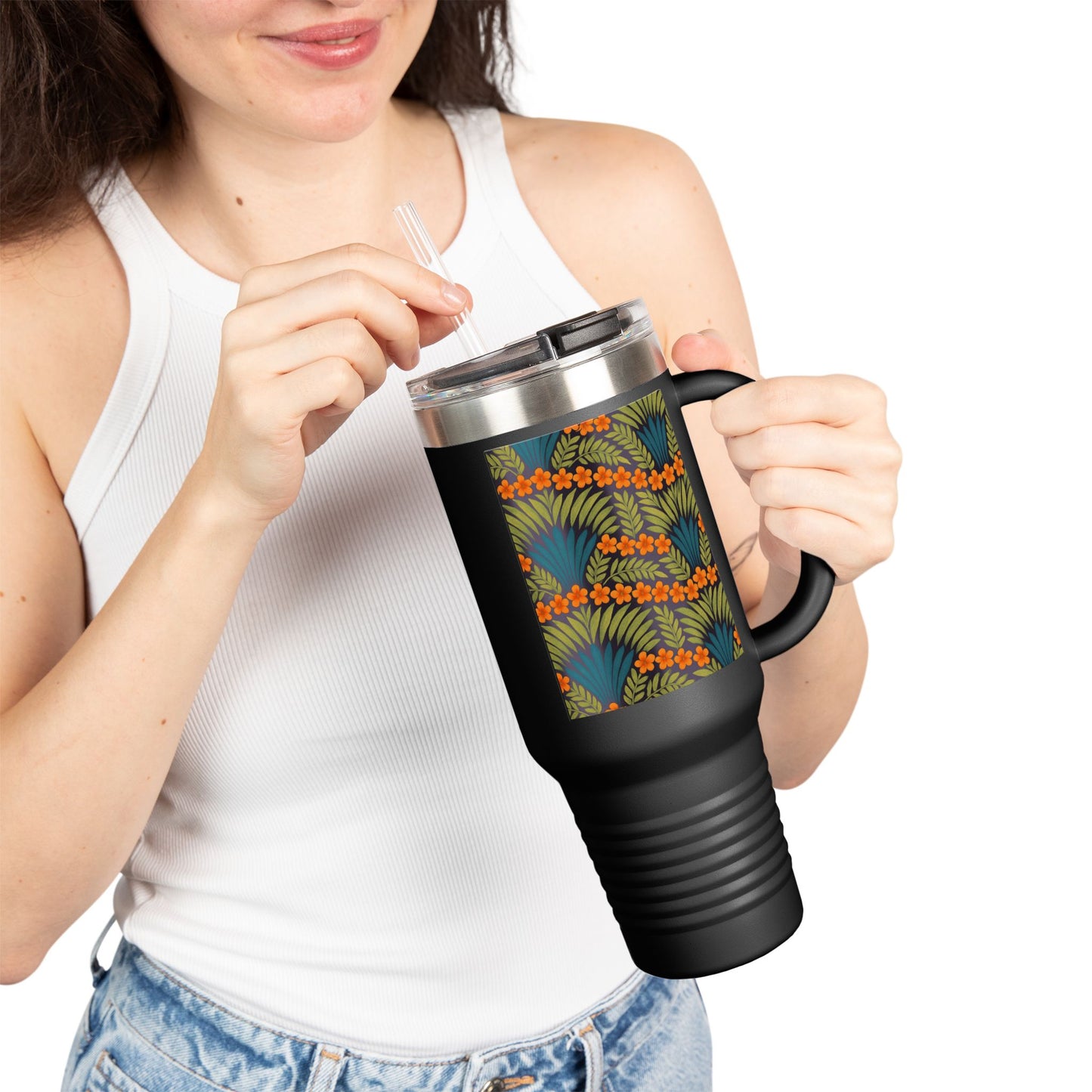 Insulated Travel Mug, 40oz / Hibiscus Fan Dance, Orange - Perfect for Outdoor Adventures