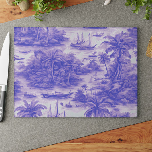 Glass Cutting Board, 2 sizes - Tropical Toile #1, purple