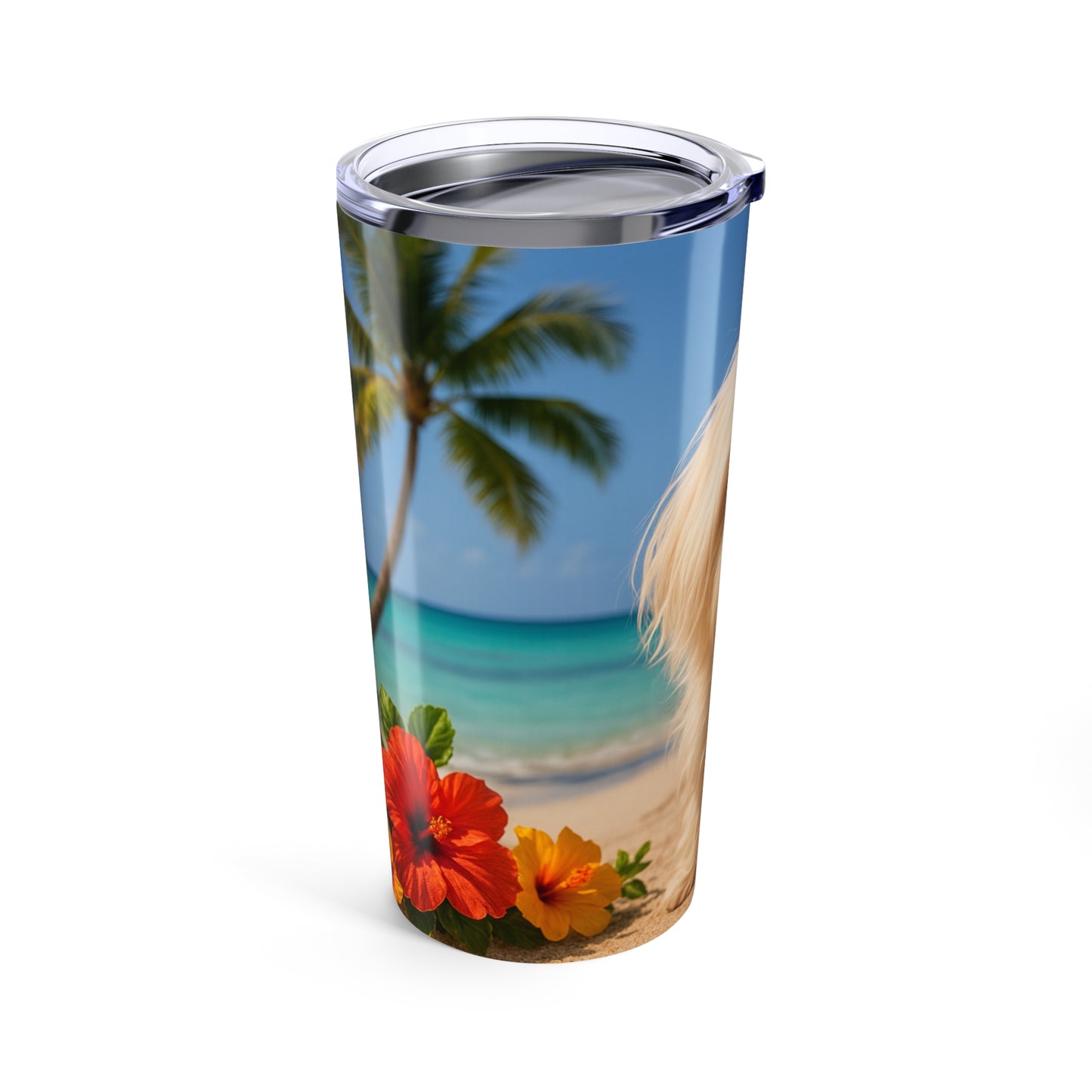 20oz Tropical Glossy Tumbler - Puppy Ariel at the Beach