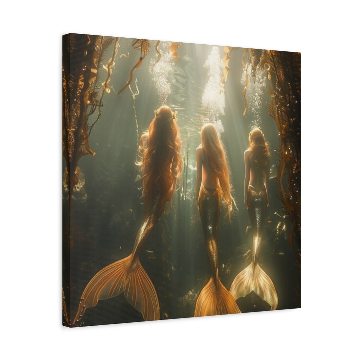 Mermaid-Themed Matte Canvas Wall Art - Enchanting Underwater Scene / Three Mermaid Sisters