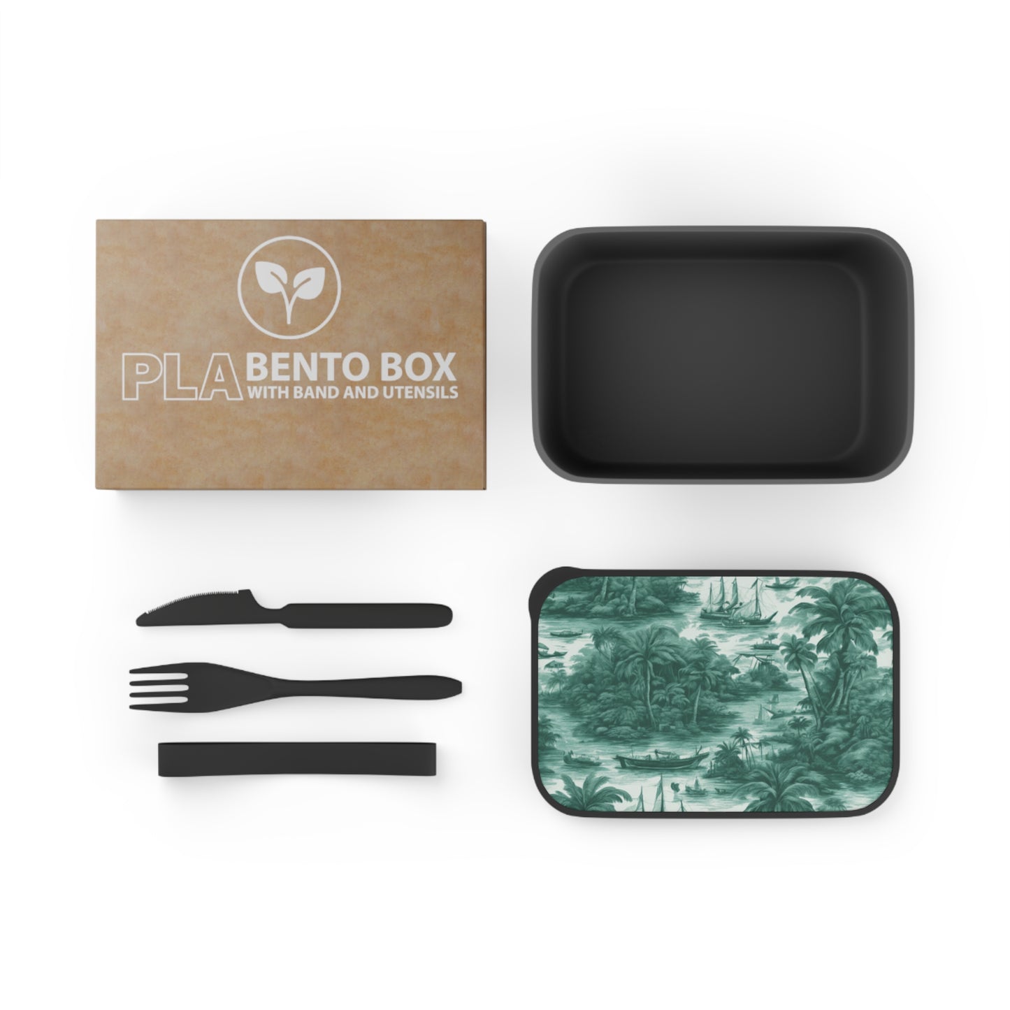 Bento Box with Utensils - Tropical Toile #1 evergreen