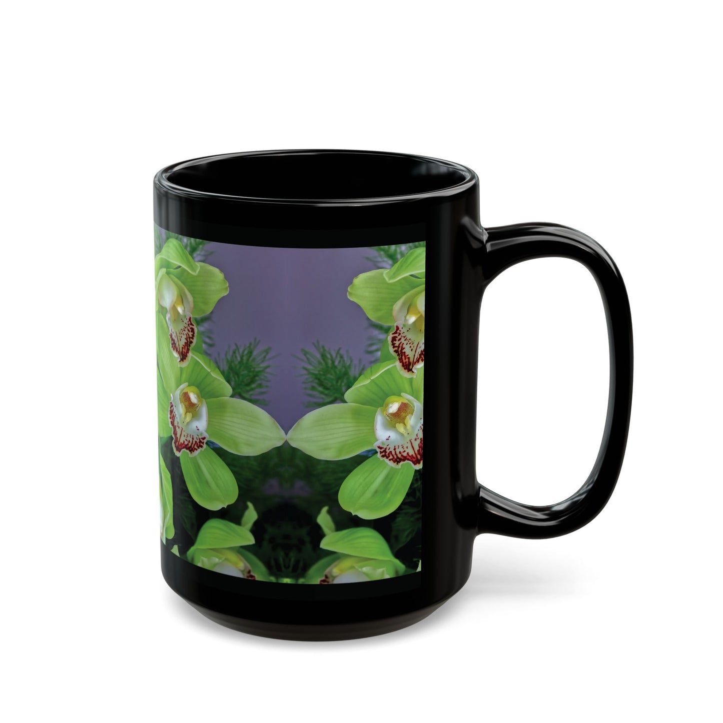 Black Coffee Mug - Kaleido Green Orchids