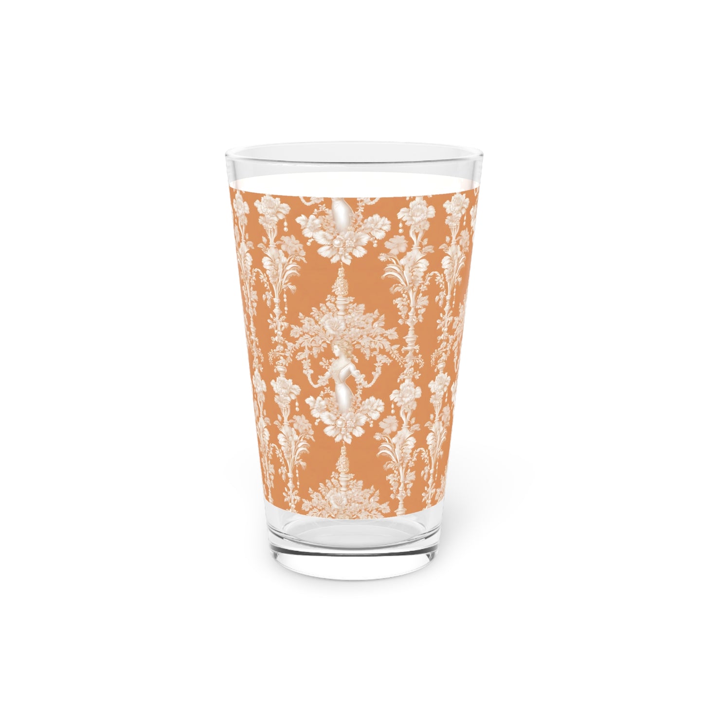 Pint Glass, 16oz, Pearl Lady Toile / Melon